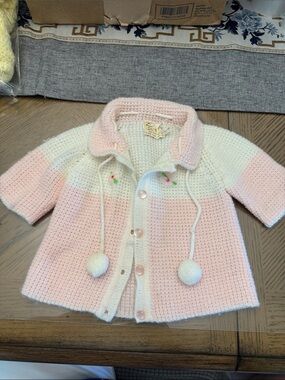 Knit Pink & White Baby Sweater with Pom Pom Ties